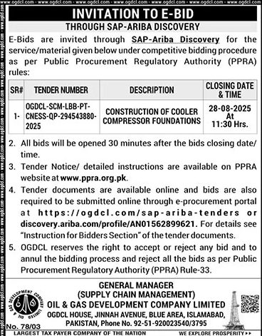 Oil & Gas Development Company Limited Islamabad Tender Notice